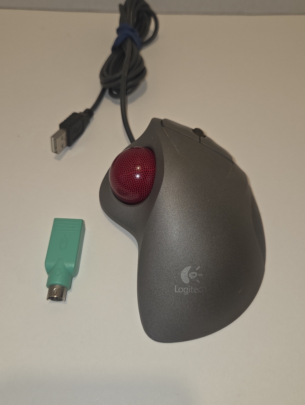 Logitech TrackMan Wheel USB Trackball Mouse T-BB18 With PS/2 Male adapter